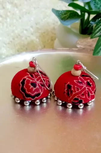 red fabric traditional jhumka earrings