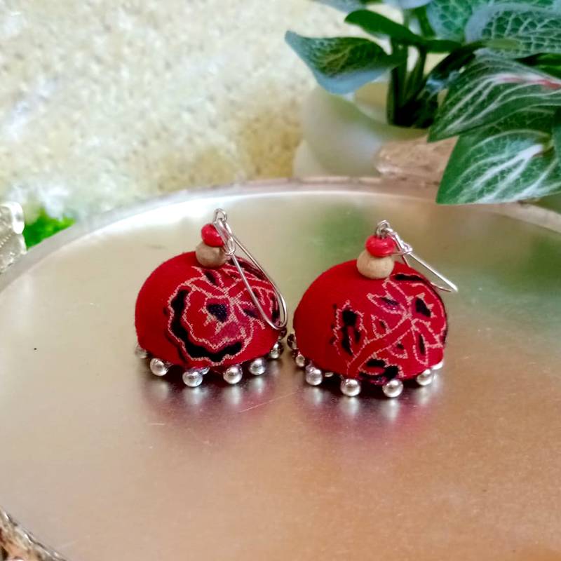 red fabric traditional jhumka earrings