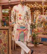 Multicolor men's carnival special cotton digital print crochet sequins kurta with bottom set