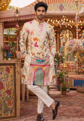 Multicolor carnival special cotton heavy crochet sequins digital printed men's kurta 1