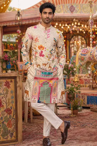 Multicolor carnival special cotton heavy crochet sequins digital printed men's kurta