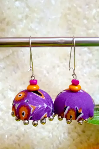 purple fabric traditional jhumka earrings