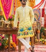 Multicolor men's carnival special cotton digital print crochet sequins kurta with bottom set