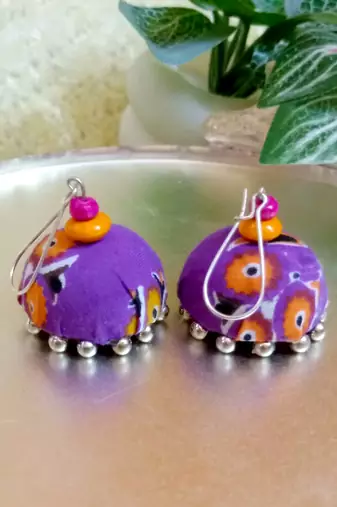 purple fabric traditional jhumka earrings