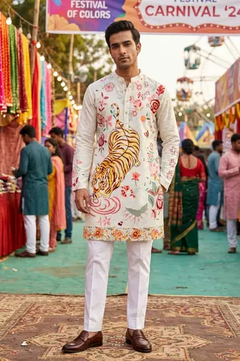 Multicolor men's carnival special cotton digital print crochet sequins kurta with bottom set