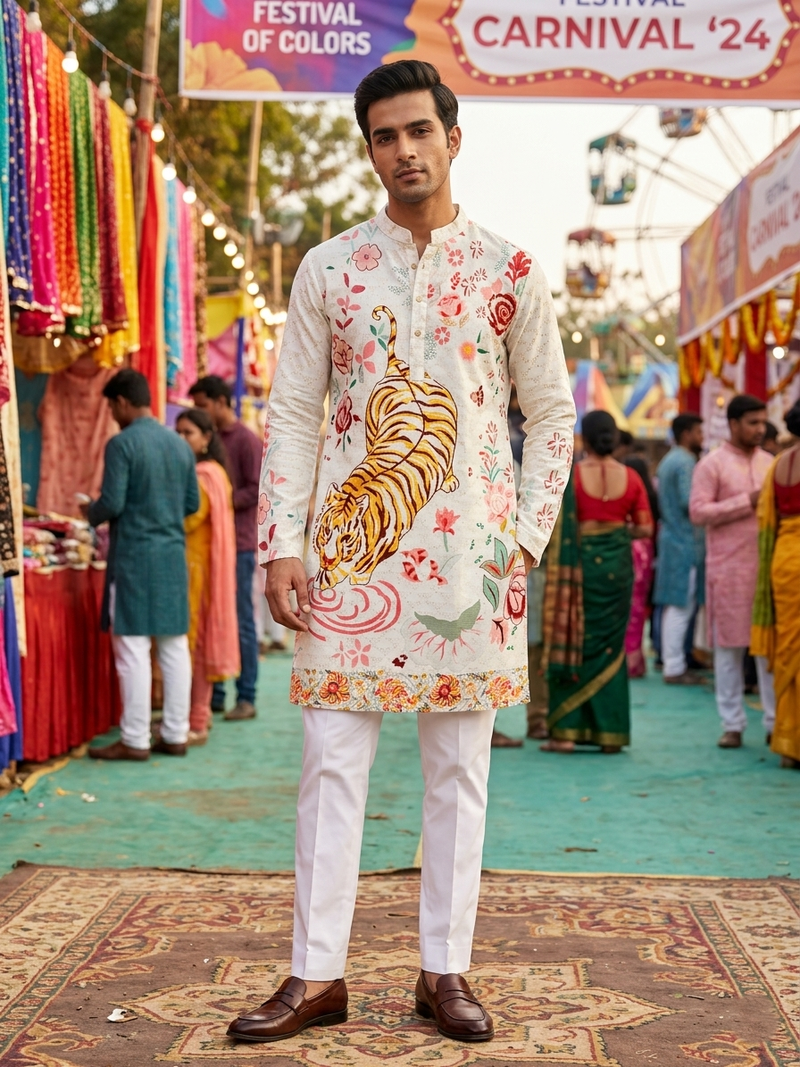 Multicolor carnival special cotton heavy crochet sequins digital printed men's kurta