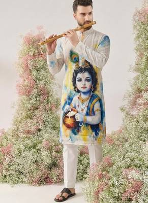 Festive special cotton digital printed heavy crochet sequins men's kurta bottom set 1