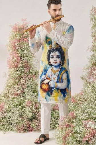 Festive special cotton digital printed heavy crochet sequins men's kurta bottom set