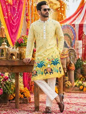 Multicolor carnival special cotton heavy crochet sequins digital printed men's kurta 1