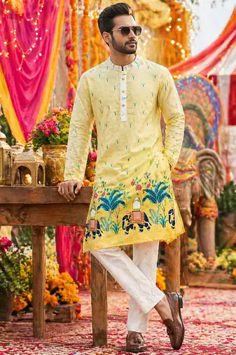 Multicolor carnival special cotton heavy crochet sequins digital printed men's kurta