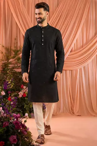 Black traditional wedding wear linen cotton embroidery work men's kurta set