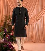 Black traditional wedding wear linen cotton embroidery work men's kurta set