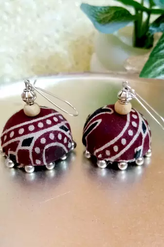 brown fabric traditional jhumka earrings