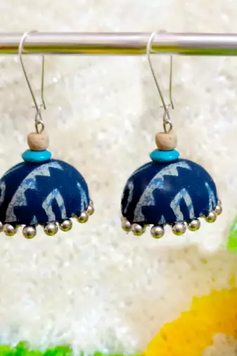 blue fabric traditional jhumka earrings