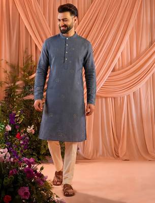 Grey traditional linen cotton heavy embroidery men's kurta with pajama set 1