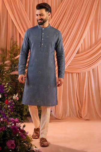 Grey traditional linen cotton heavy embroidery men's kurta with pajama set