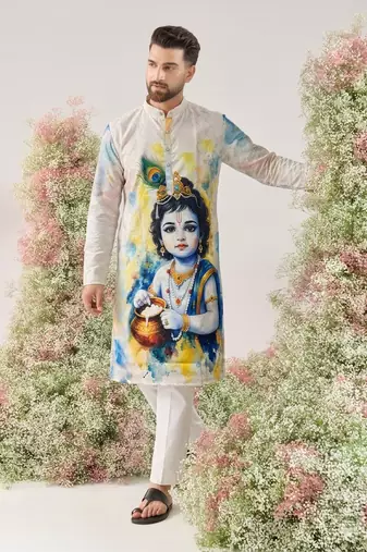 Traditional men's cotton digital printed heavy crochet sequins kurta