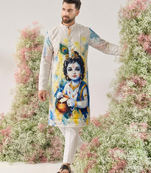 Traditional men's cotton digital printed heavy crochet sequins kurta