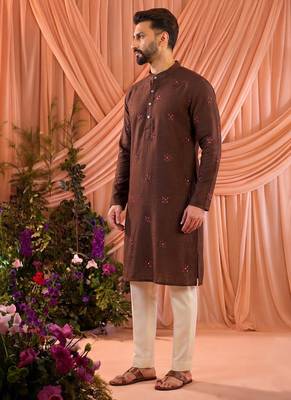 Brown traditional linen cotton heavy embroidery men's kurta with pajama set 1