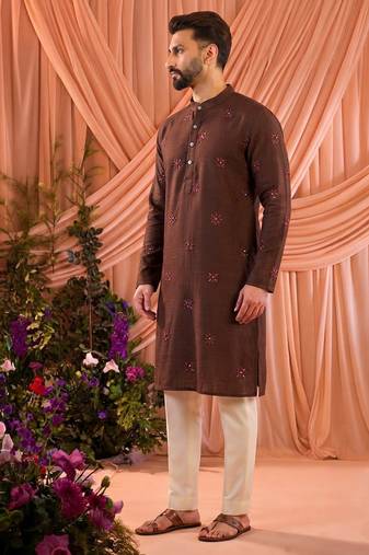 Brown traditional linen cotton heavy embroidery men's kurta with pajama set