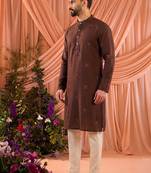 Brown traditional linen cotton heavy embroidery men's kurta with pajama set