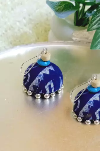 blue fabric traditional jhumka earrings