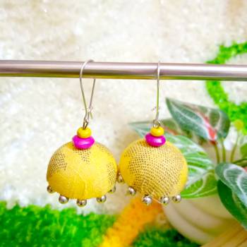 yellow fabric traditional jhumka earrings 1