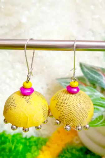 yellow fabric traditional jhumka earrings