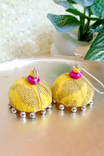 yellow fabric traditional jhumka earrings