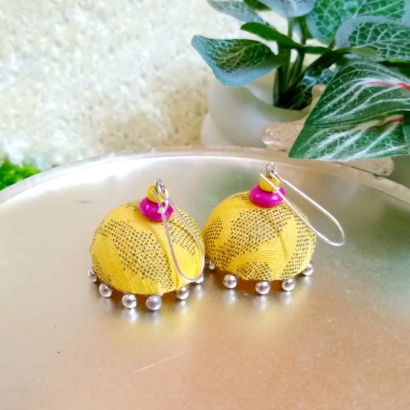 yellow fabric traditional jhumka earrings