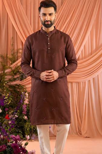Brown trendy premium linen cotton embroidered men's kurta