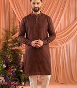 Brown trendy premium linen cotton embroidered men's kurta