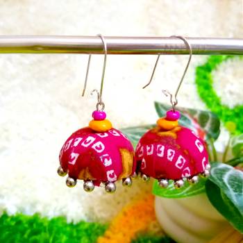 pink fabric traditional jhumka earrings 1