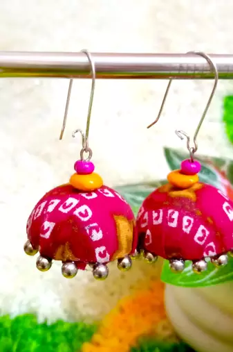 pink fabric traditional jhumka earrings