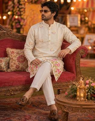 Multicolor carnival special cotton heavy crochet sequins digital printed men's kurta 2
