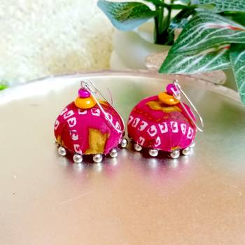 pink fabric traditional jhumka earrings 2