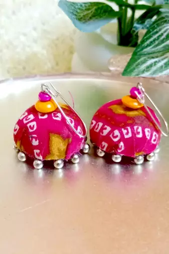 pink fabric traditional jhumka earrings