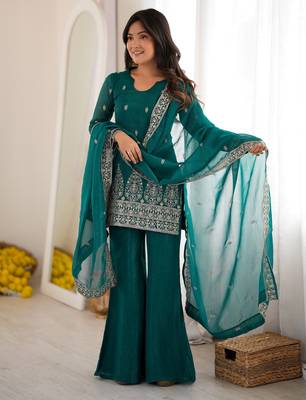 Beautiful Teal Blue Sequins Silk Reception Wear Salwar Suit 1