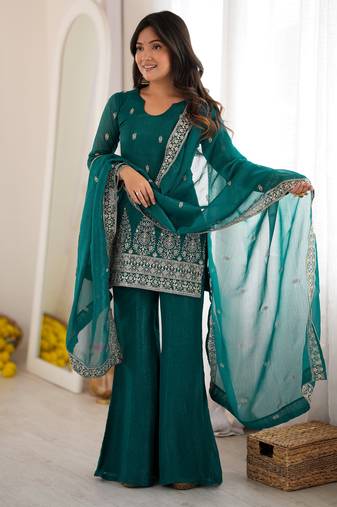 Beautiful Teal Blue Sequins Silk Reception Wear Salwar Suit