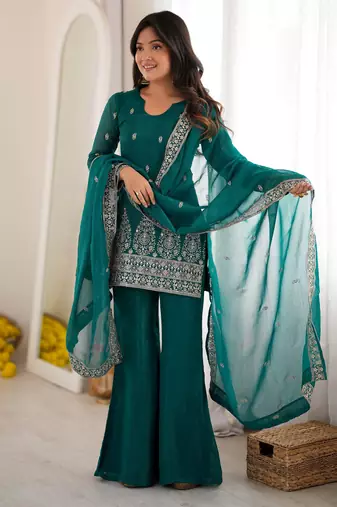 Beautiful Teal Blue Sequins Silk Reception Wear Salwar Suit
