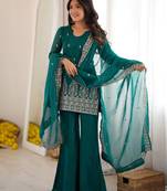 Beautiful Teal Blue Sequins Silk Reception Wear Salwar Suit