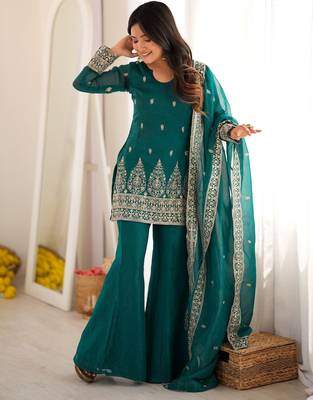 Beautiful Teal Blue Sequins Silk Reception Wear Salwar Suit 2