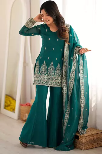 Beautiful Teal Blue Sequins Silk Reception Wear Salwar Suit