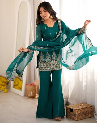Beautiful Teal Blue Sequins Silk Reception Wear Salwar Suit 3
