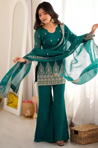 Beautiful Teal Blue Sequins Silk Reception Wear Salwar Suit