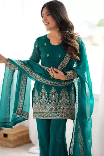 Beautiful Teal Blue Sequins Silk Reception Wear Salwar Suit