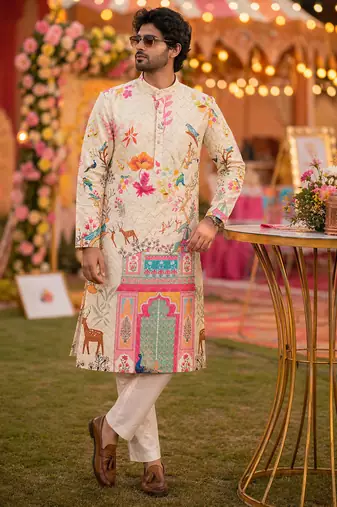 Multicolor carnival special cotton heavy crochet sequins digital printed men's kurta
