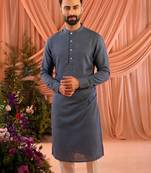 Grey festive wear linen cotton heavy embroidery men's kurta