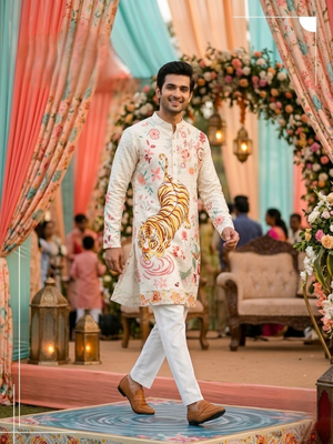 Multicolor carnival special cotton heavy crochet sequins digital printed men's kurta 3