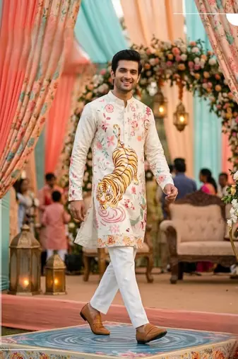 Multicolor carnival special cotton heavy crochet sequins digital printed men's kurta